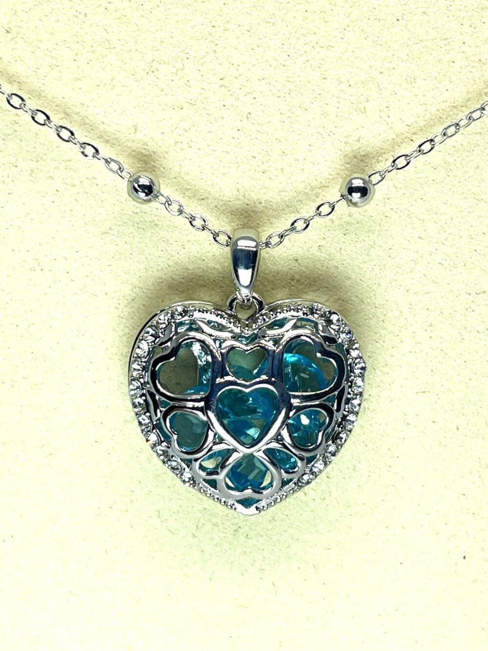 Heart Filigree Pendant Necklace with Blue Sapphire Austrian Crystals, 31" - Picture 3 of 4